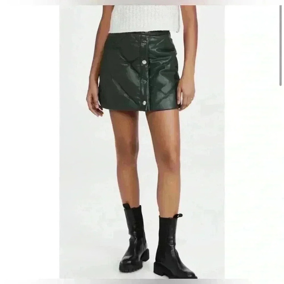 Staud Mini Skirt 6 Quilted Puff Faux Vegan Leather Green Snap Front Dice New S - Picture 3 of 8